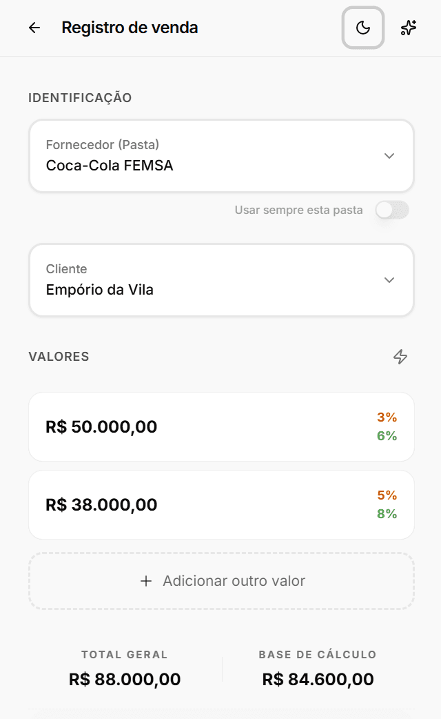 Tela de cadastro de venda com cálculo automático de comissão